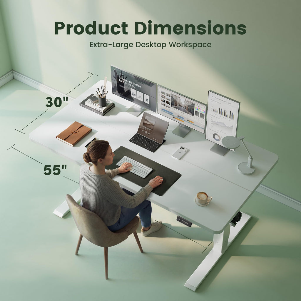 55x30 Large Electric Standing Desk, 30" Deep Desktop, White