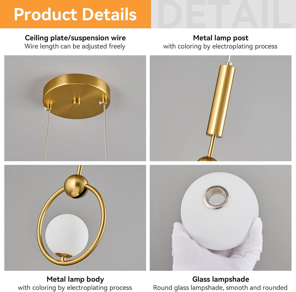 Modern Globe Glass Pendant Light fixtures 2-Light, Simplicity Gold Pendant Lighting, Mid Century Chandelier for