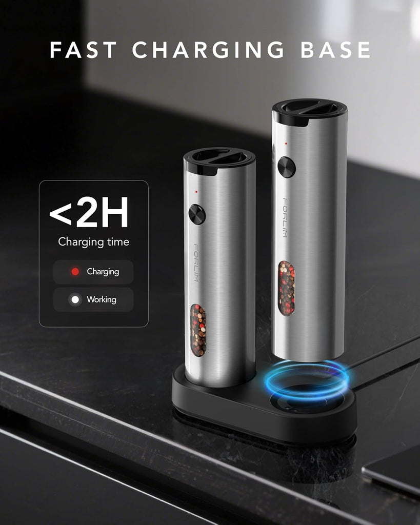 Electric Salt and Pepper Grinder Set Rechargeable, Auto Salt and Pepper Grinder set with Charging Base, Adjustable - Set of 2
