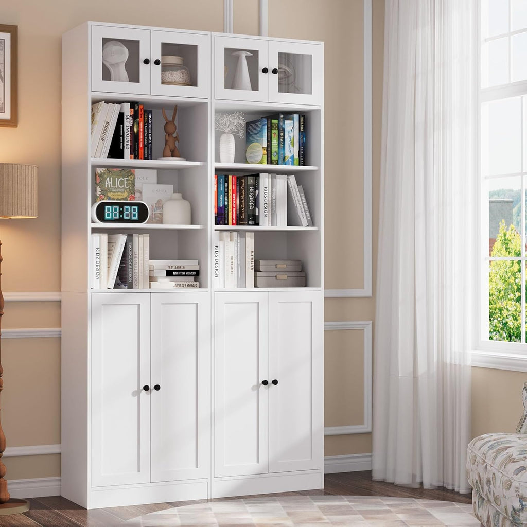 85.5 Inch Tall Bookshelf with Doors - 7 Tier Bookcase with Glass Doors and Drawer, 23.6" Wide Storage Cabinet with