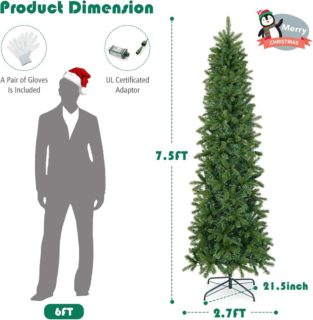 7.5ft Pre-Lit Pencil Christmas Tree, Hinged Artificial Slim Tree with 796 PVC PE Branch Tips, 350 LED Lights
