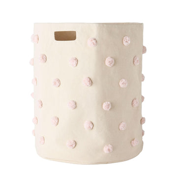Pom Pom Basket, Hamper, Blush, Cotton Canvas Storage, 18"D x 20"H