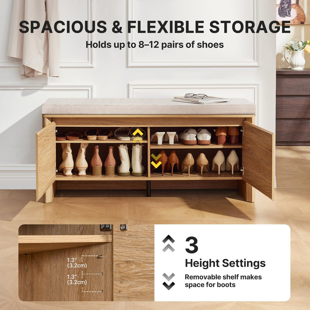 47.2" Shoe Storage Bench with Cushion, Natural Oak