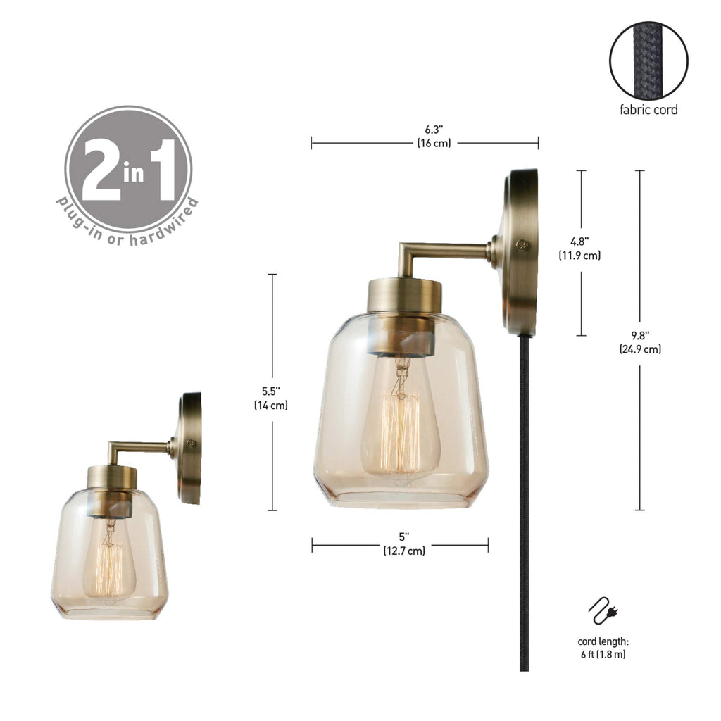 Matte Brass Plug-in or Hardwire Wall Sconce with Smoked Amber Glass Shade and in-Line On/Off Switch