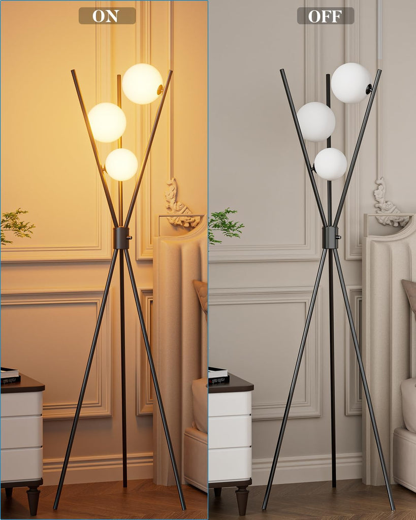 60IN Dimmable Black Tripod Floor Lamp Mid Century Standing Lamps with 3Pcs 3000K Bulbs Included Eye Care&Stable Base