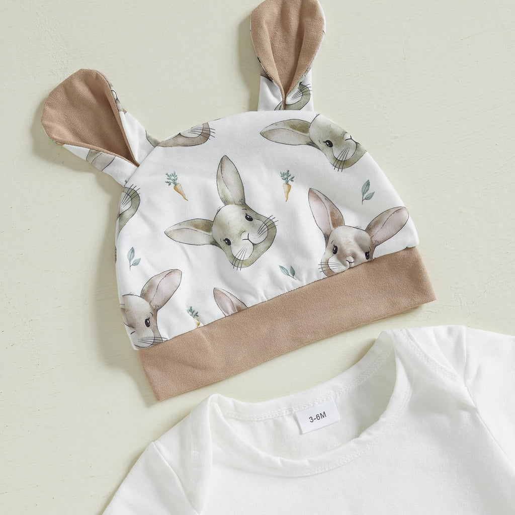 Newborn Baby Boy Girl Easter Day Clothes Set Short Sleeve Rabbit Romper Long Pants Hat My First Easter Outfits