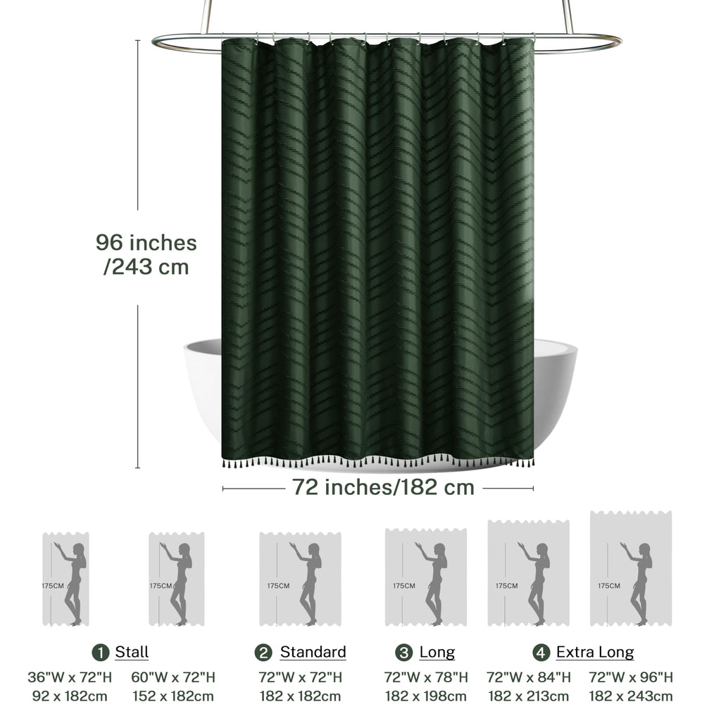 Extra Long Dark Green Boho Shower Curtain with Tassel, Woven Fabric 96 in Shower Curtain, Tufted Chevron Striped, 72