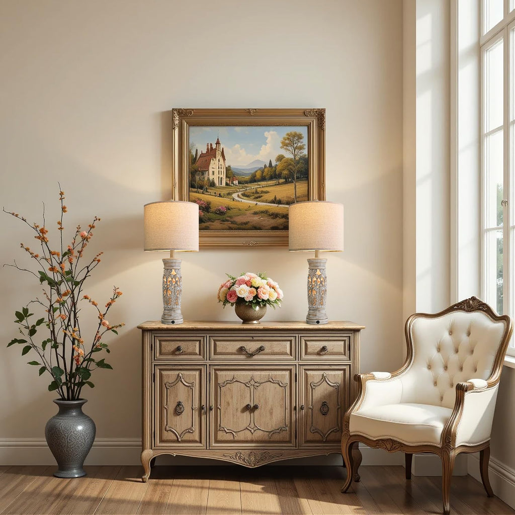 27.25"Farmhouse Table Lamps Set of 2 with Night Light, Rustic Bedside Lamp
