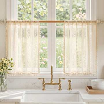 Beige Lace Tier Curtains 24 Inch Length 2 Panels Kitchen Cafe Sheer Short Boho Half Country Rod Pocket Curtains for