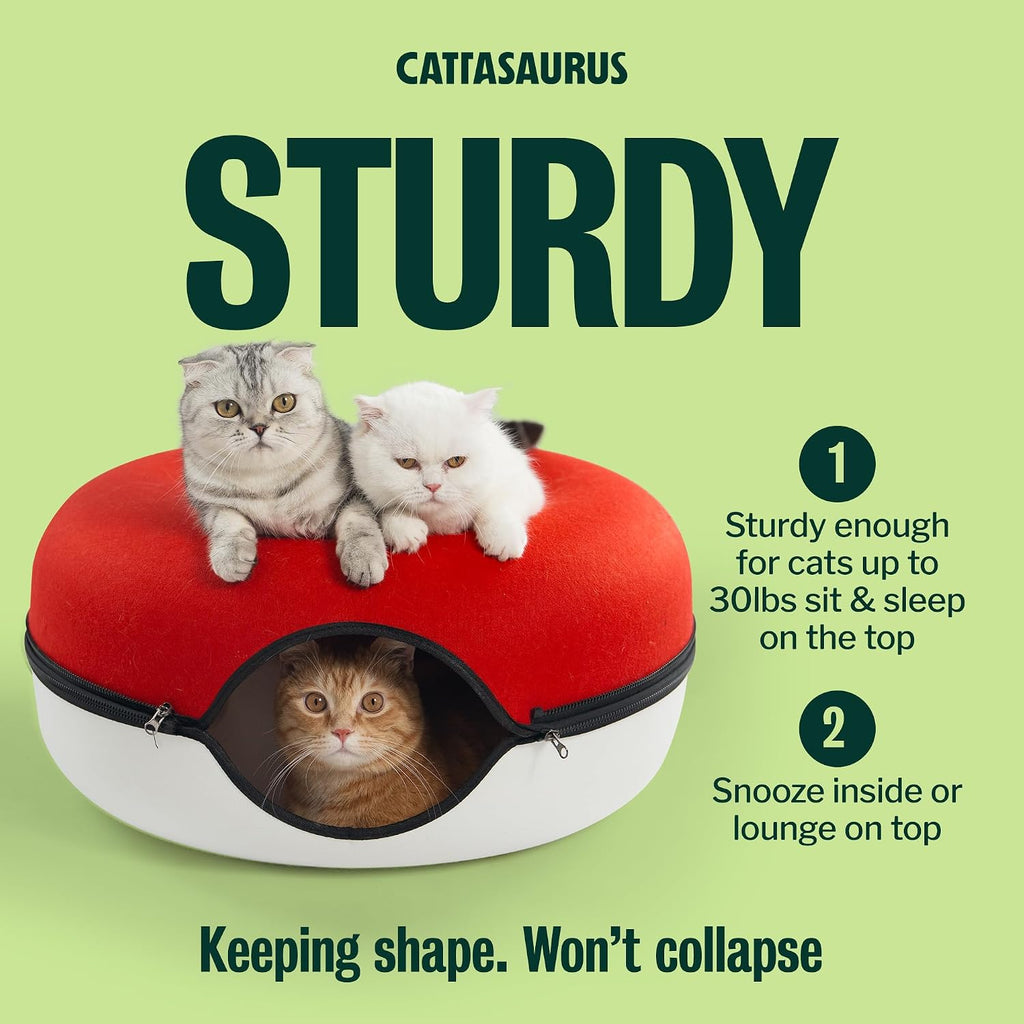 Peekaboo Cat Cave Donut for Multiple & Large Cats up to 30-45 lbs, 3-in-1 Self Warming Cat Bed, Tunnel & Scratcher