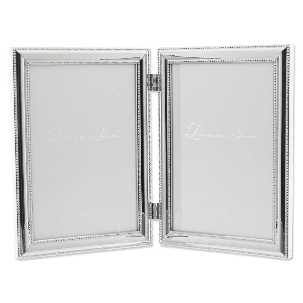 Hinged Double (Vertical) Metal Picture Frame Silver-Plate with Delicate Beading, 5 by 7-Inch