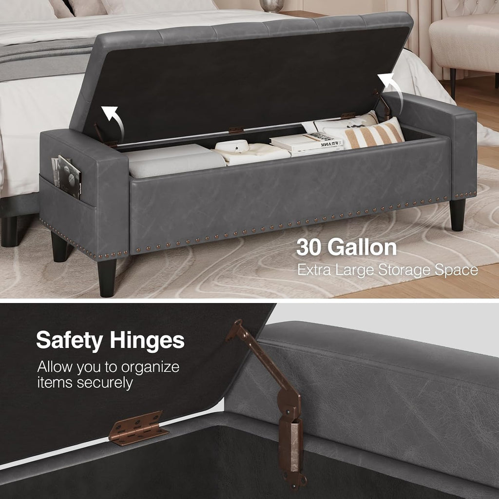 60" Storage Ottoman Bench, Faux Leather Upholstered Bed Bench, Grey | Benches with Tufted Buttons and Nailhead Trim