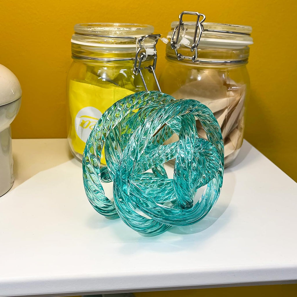 Glass Knot Teal Orbit Ball - 5 Inch Hand Blown Infinity Sculpture Decor Glass Orbit Home Decor Table Decoration