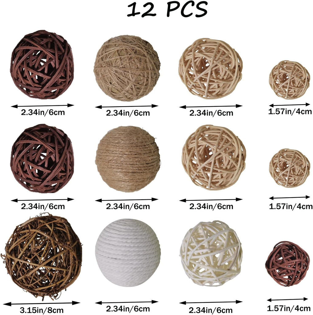 Decorative Ball for Centerpiece Bowls, Handmade Rattan Balls and Rope Balls with 1.6-3.2 Inches, Vase Bowl - Set of 12