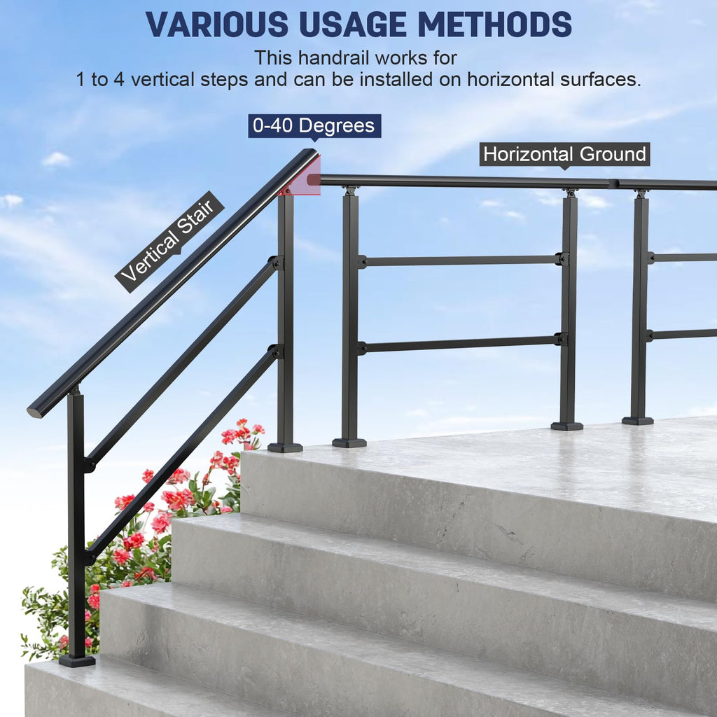 2 Pack Handrails for Outdoor Steps, Black Stair Handrail Fit 1-4 Steps