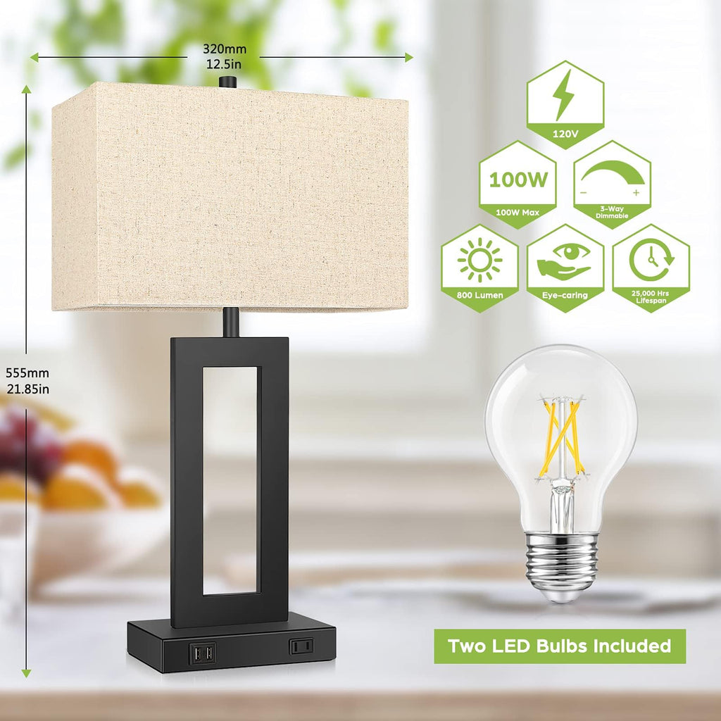 22" Table Lamp Set of 2, Modern Nightstand Lamp with 2 USB Ports