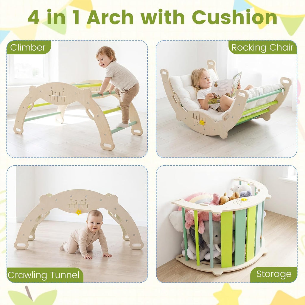Triangle Set, 13 in 1 Frog Theme Foldable Wooden Montessori Toddler Climbing Toys Indoor with Cushion Ramp Arch