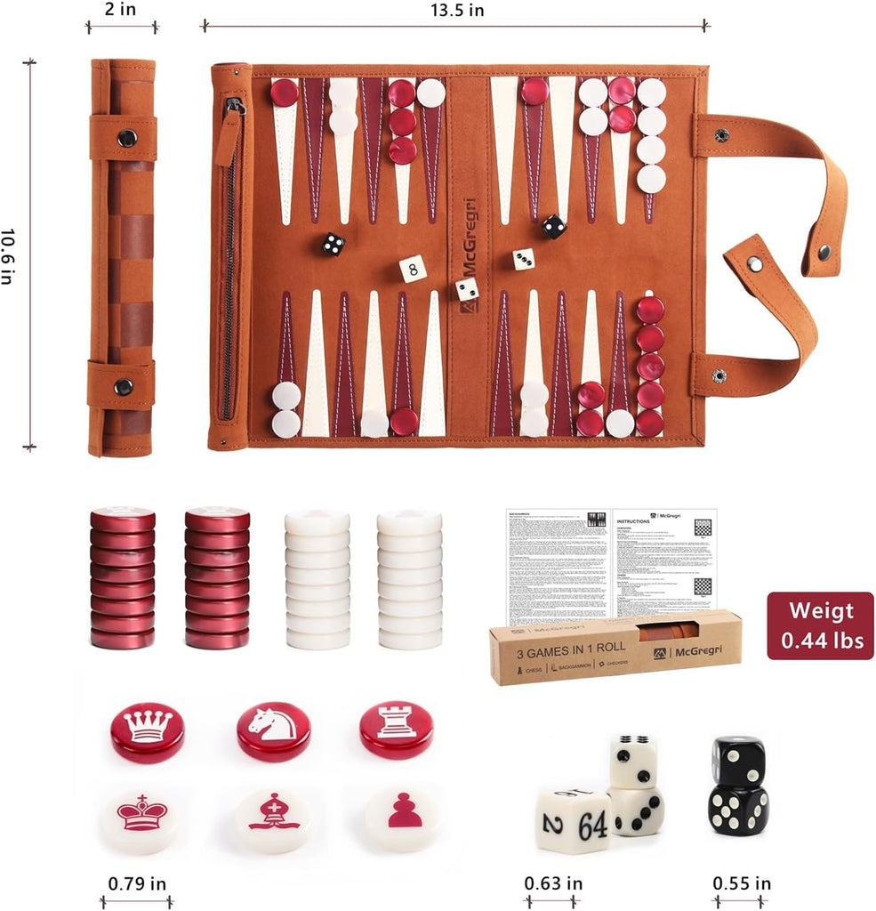 Travel Backgammon Set with Chess & Checkers, Roll-Up Board Game - Set of 3