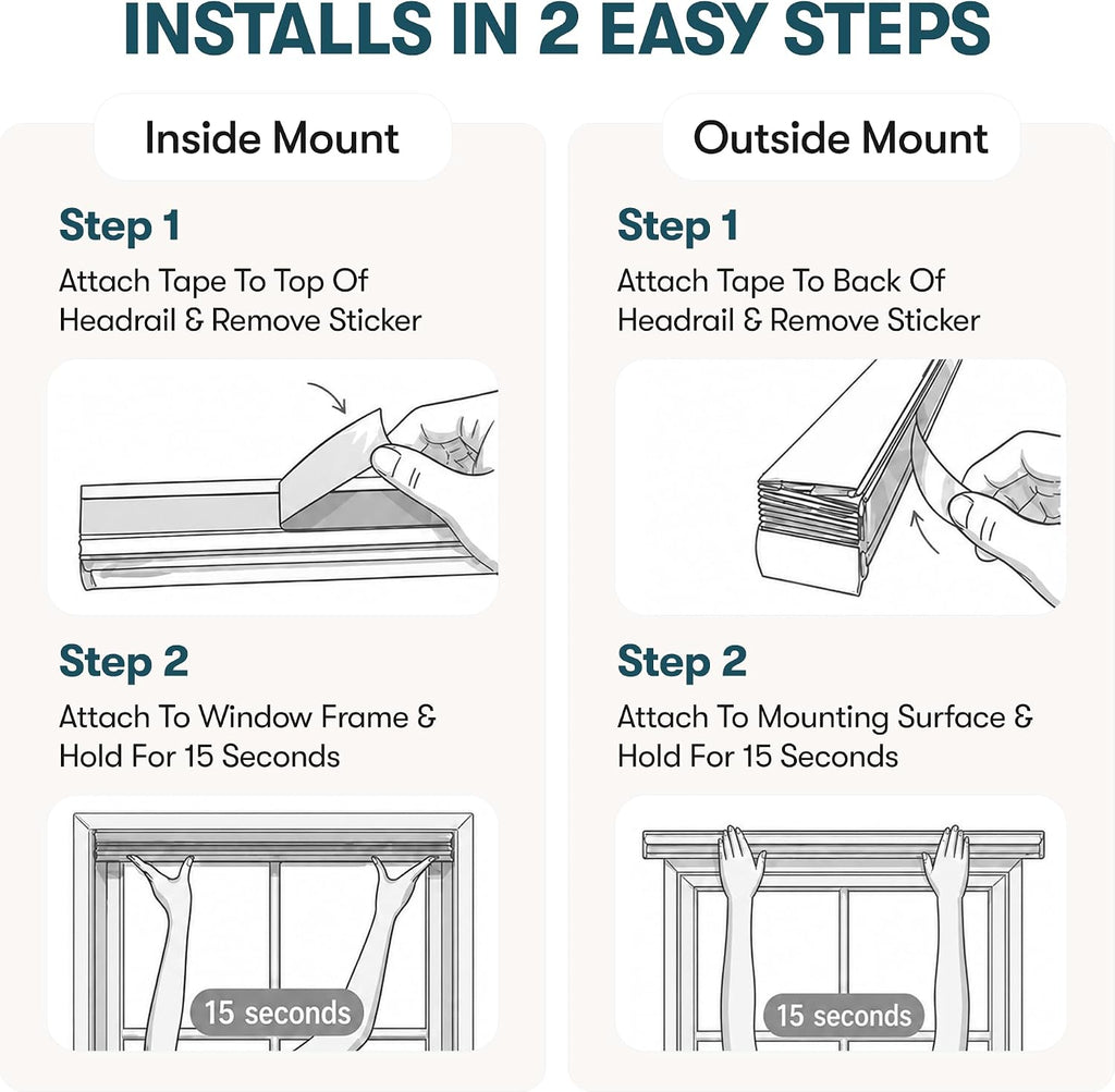 Cellular Cordless Shades for Indoor Windows, No Drill No Tools, Adhesive Mount, Thermal Insulation, Room Darkening