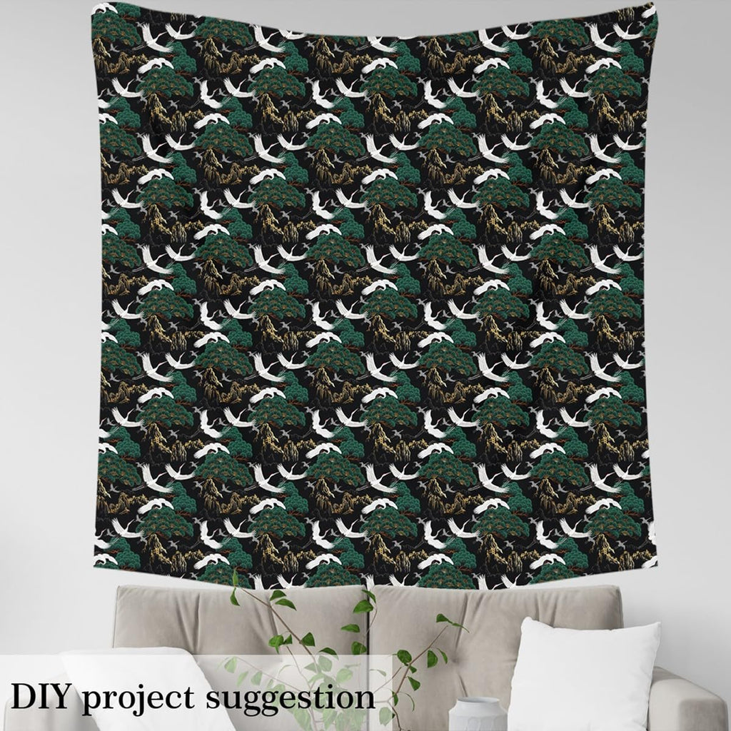 White Crane Fabric by The Yard Green Wild Trees Sketch Mountain Decor Soft Polyester No Stretch Eastern Style Bird