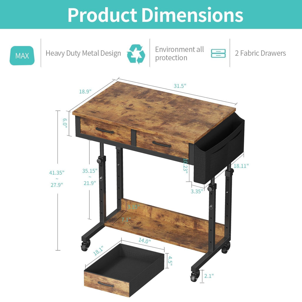 Small Portable Standing Rolling Desk - 32 Inch Adjustable Mobile Stand Up Teacher Desks with 2 Fabric Drawers on
