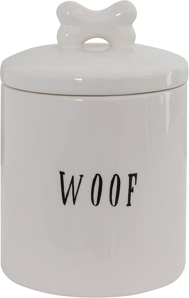 Ceramic Dog Treat Jar with Woof Message and Bone Handle Lid, White and Black