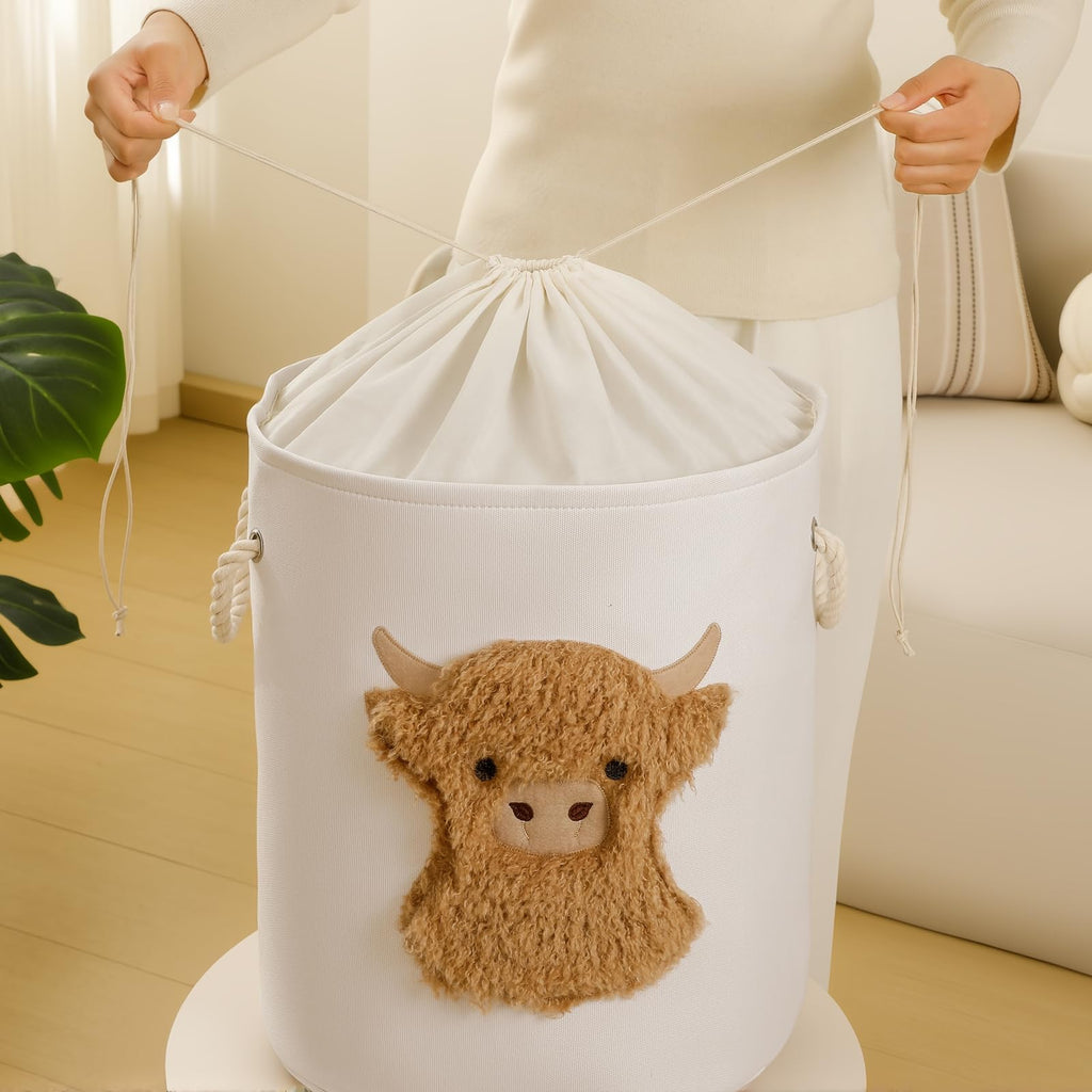 Kids Laundry Basket Baby Hamper , 58L Large Dirty Clothes Hampers with Drawstring Closure, Highland Cow Baby Stuff