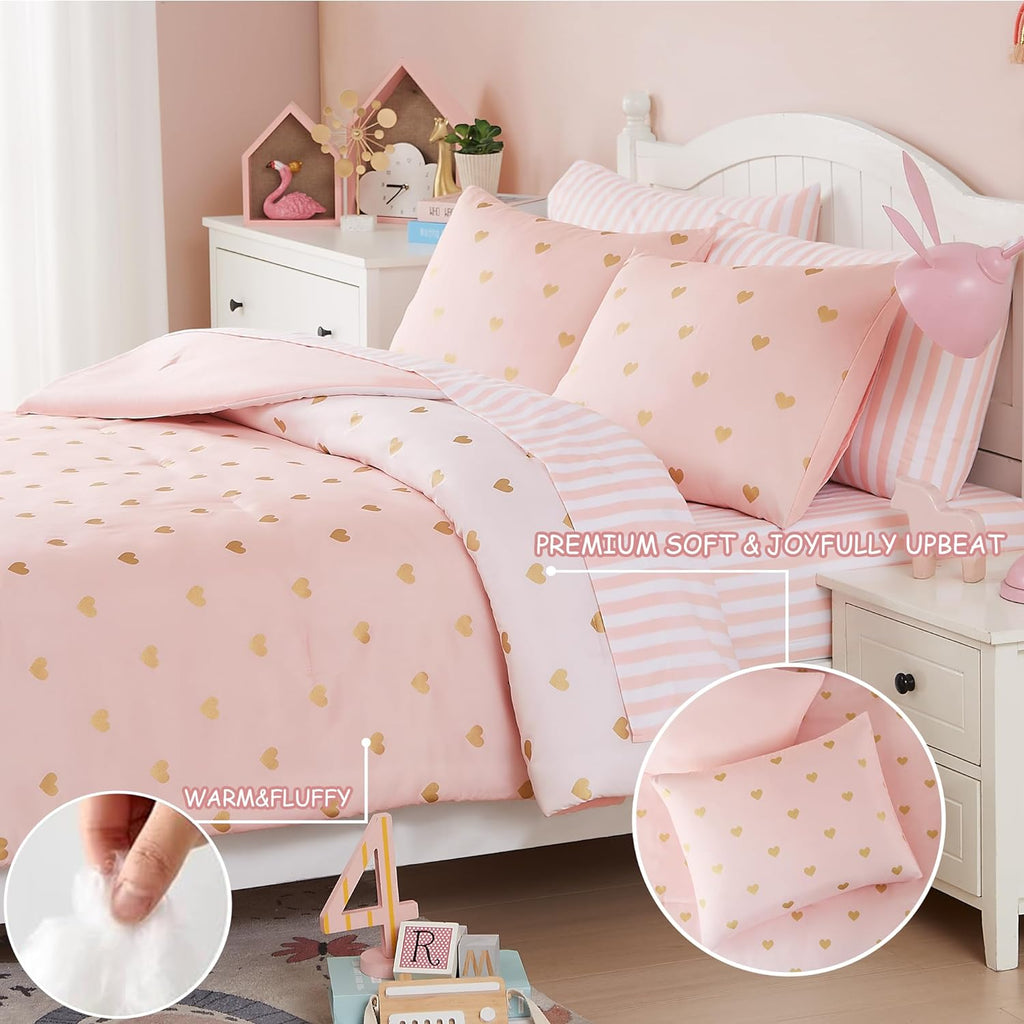 Full Comforter Sets with Sheets for Girls-7 Pieces Full Bedding Sets with Pink White Gradient Ombre Comforter
