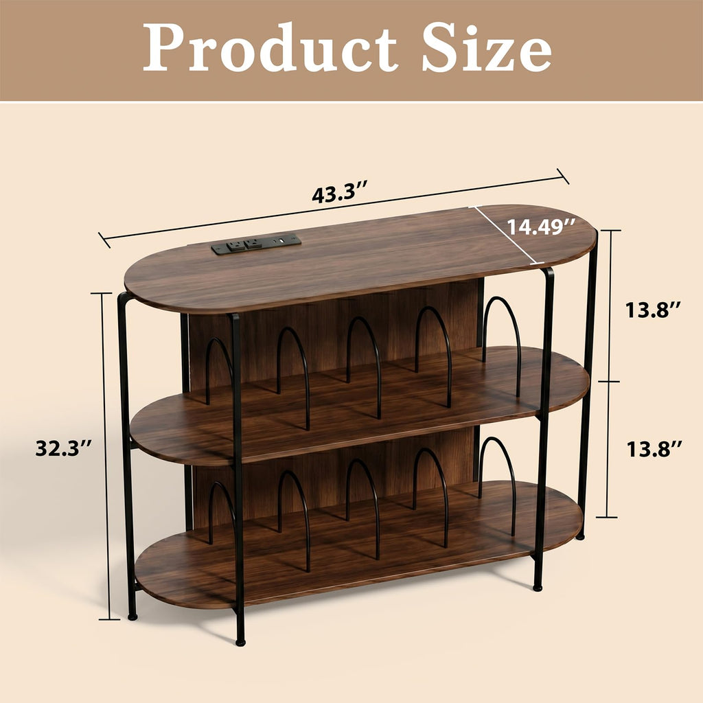 43.3" Record Player Stand with Power Outlets, 3-Tier Vinyl Record Storage Cabinet Holds Up to 400 Albums, Turntable