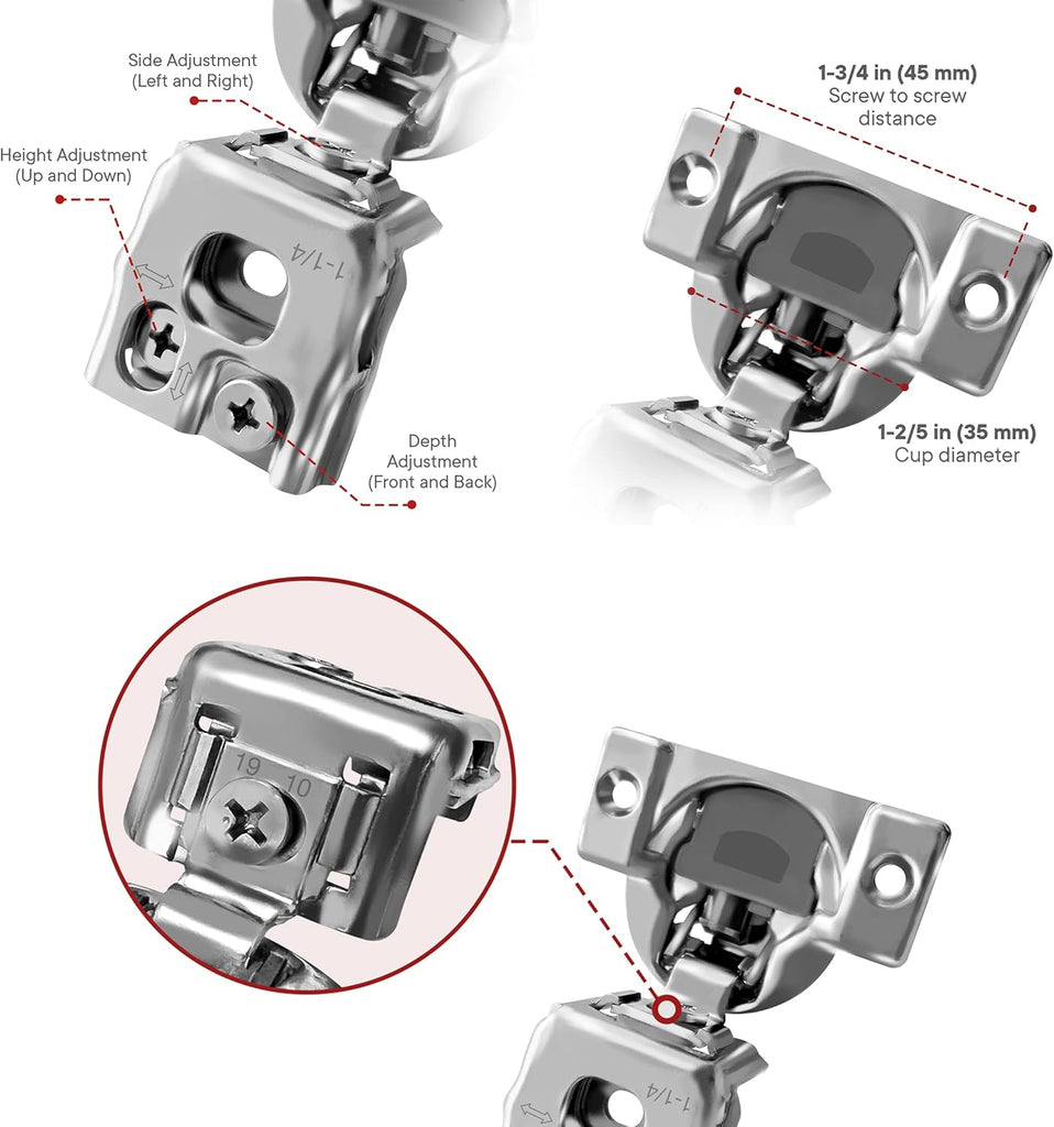 4-Pack, 1-1/4 inch Overlay Soft Closing Face Frame Cabinet Hinges, 105 Degree 6-Ways 3-Cam Adjustment Concealed Kitchen