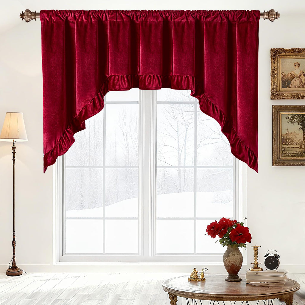 Red Velvet Valances for Windows Ruffle Valance Curtains Christmas Swag Curtains, Soft Luxury Red Window Valances Rod