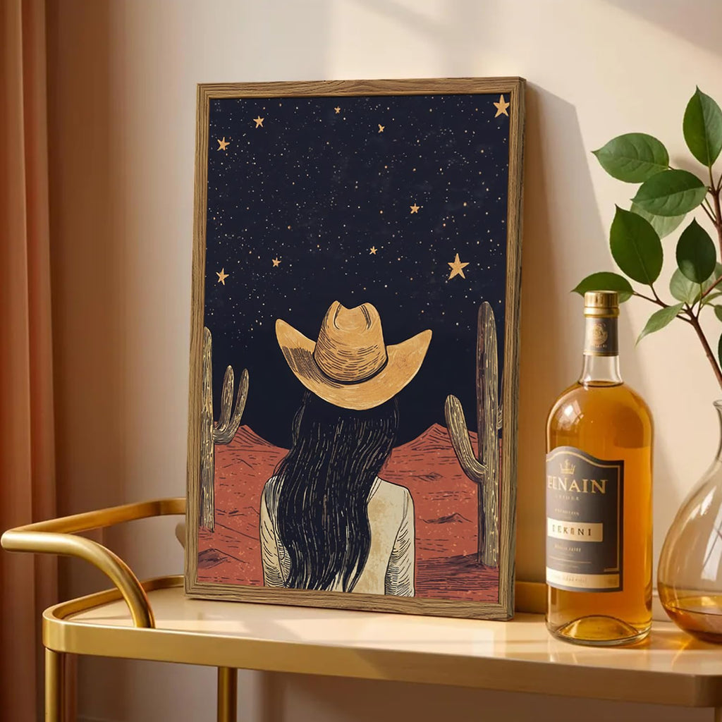 Framed Boho Western Cowboy and Cowgirl Wall Art Set of 2, Vintage Southwestern Desert Starry Sky Cactus Pictures Wall