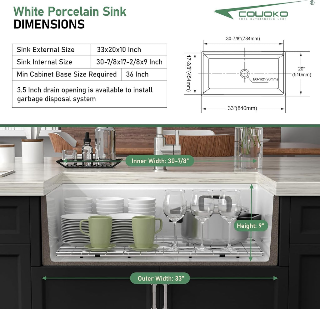 White Fireclay Farmhouse Sink Workstation - 33 Inch White Apron Front Fireclay Farm Sink Large Deep Ceramic Single