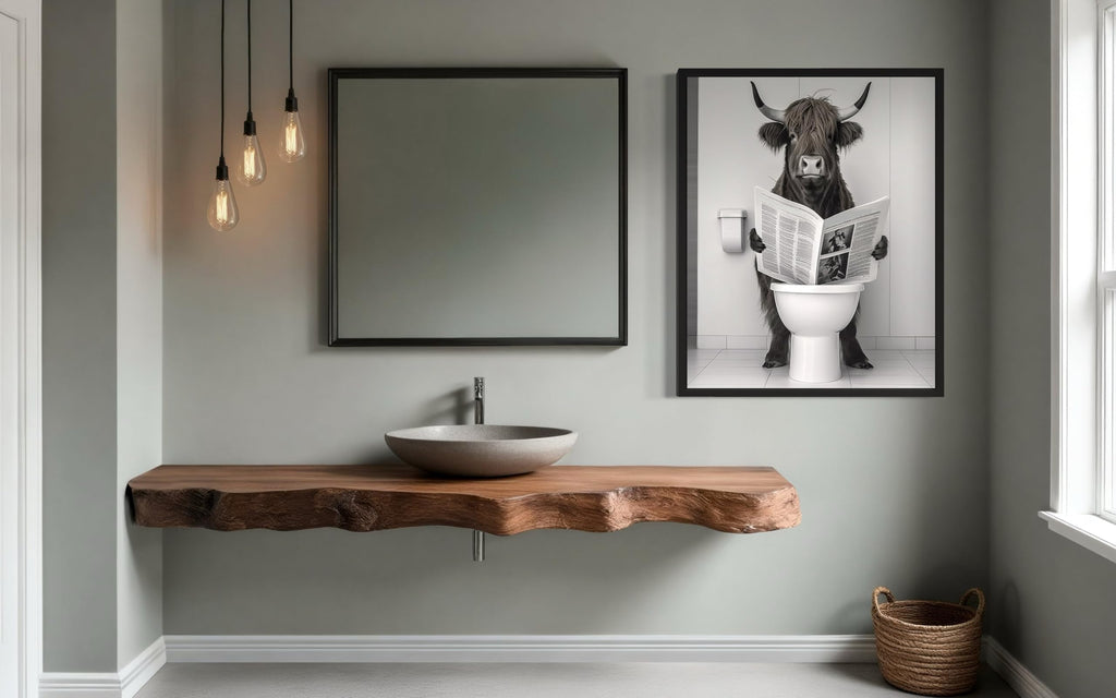 Highland Cow on Toilet Bathroom Black Framed Art Print Poster, Humor Aesthetic Wall Art Painting Photo Pictures