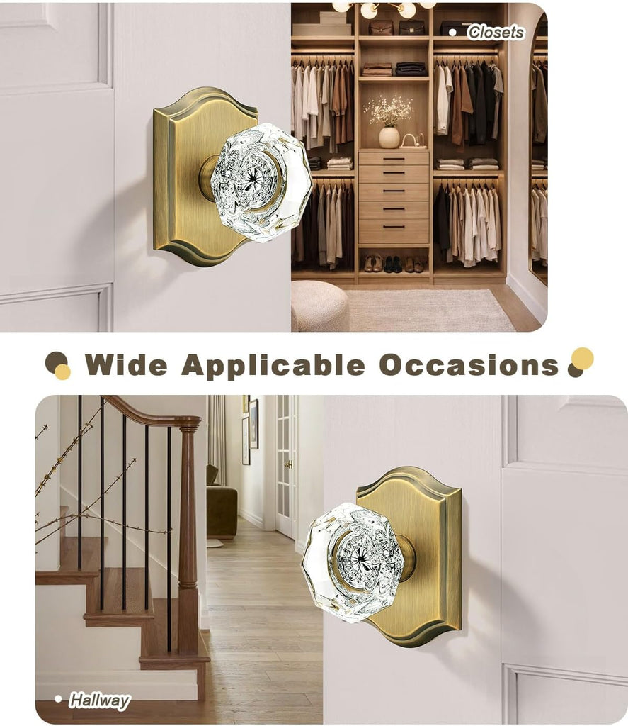 Octagonal Diamond Crystal Doorknob in Antique Brass for Hall/Closet,Passage Function for Interior Room,Keyless,1 Pack