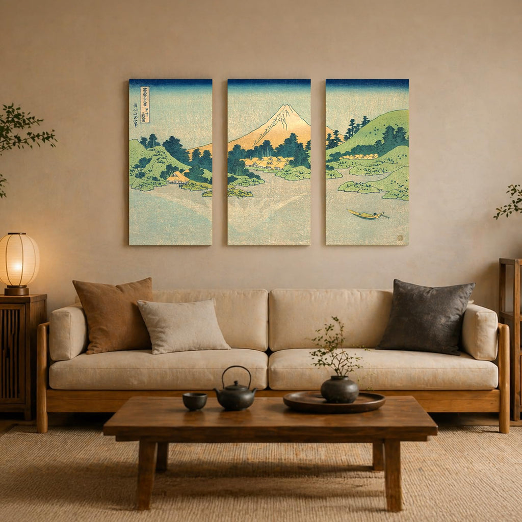 Japanese Wall Art, Mount Fuji Hokusai Zen 3 Piece Canvas, 48x32''