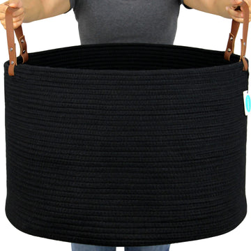 XXXLarge Cotton Rope Basket - Woven Storage Basket with long Handle for Blankets, Towels and Pillows Laundry Hamper