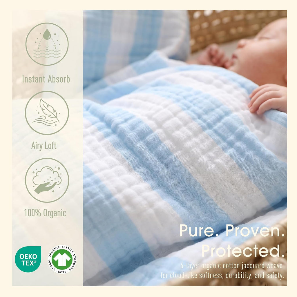 Organic Muslin Baby Bath Towel Blanket Pc Gift Set - Blue Stripe