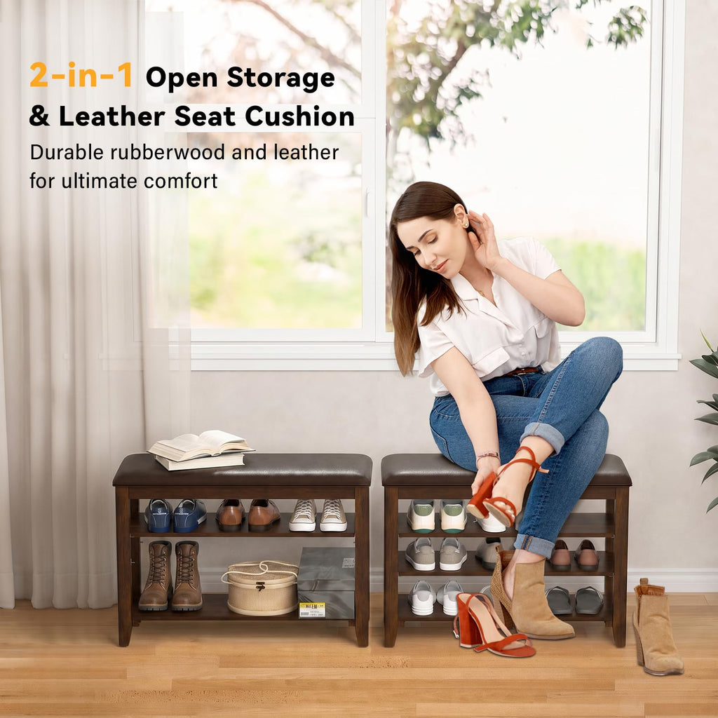 Shoe Bench with 3 Tier Adjustable Shelves Rubberwood Entryway 23.6''