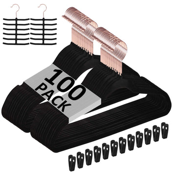 Premium Velvet Clothes Hangers Suit Heavy Duty (100 Pack)-Non Slip & Space-Saving with 12 Finger Clips & 2Tie Rack
