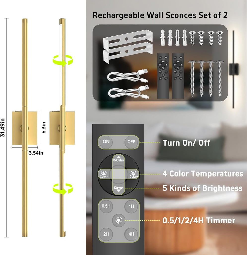 Battery Operated Wall Sconces Set of Two: Dimmable Wireless Wall Lights with Remote, 31-inch LED Rechargeable
