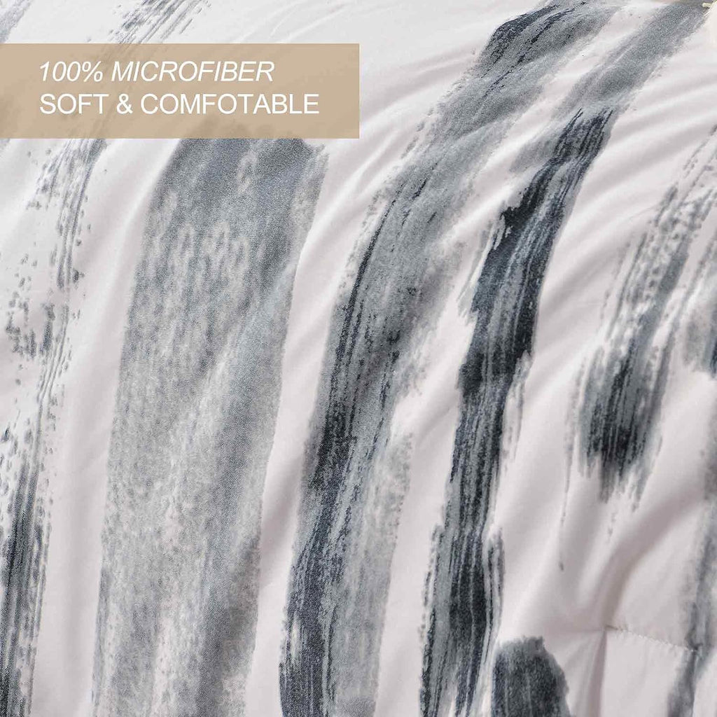 Queen Comforter Set 3pc, Art Grey White Printed Pattern Reversible Down Alternative Microfiber Bedding