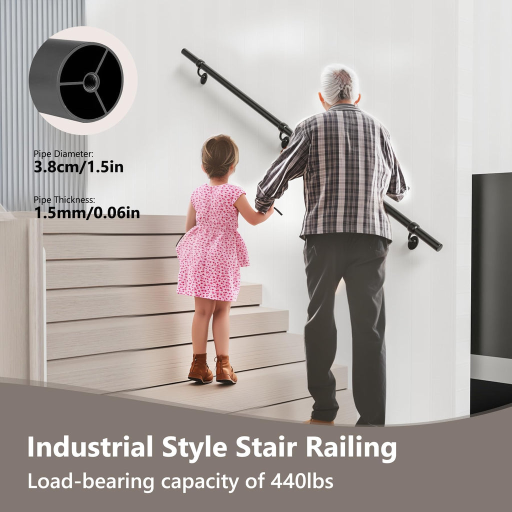 Stair Railing Indoor 4 Feet Hand Rails for Indoor/Outdoor Steps 1.5" Round Porch Railing Wall Mount Aluminum Hand