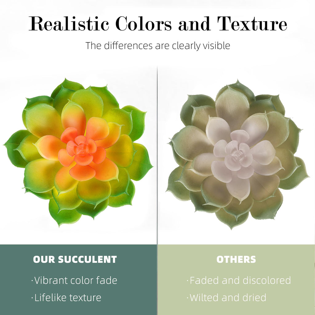 2 Pcs Large Artificial Succulent Plants, 14.2-Inch Green Orange Rounded Rosettes, 3 Heads Each, UV-Resistant Unpotted