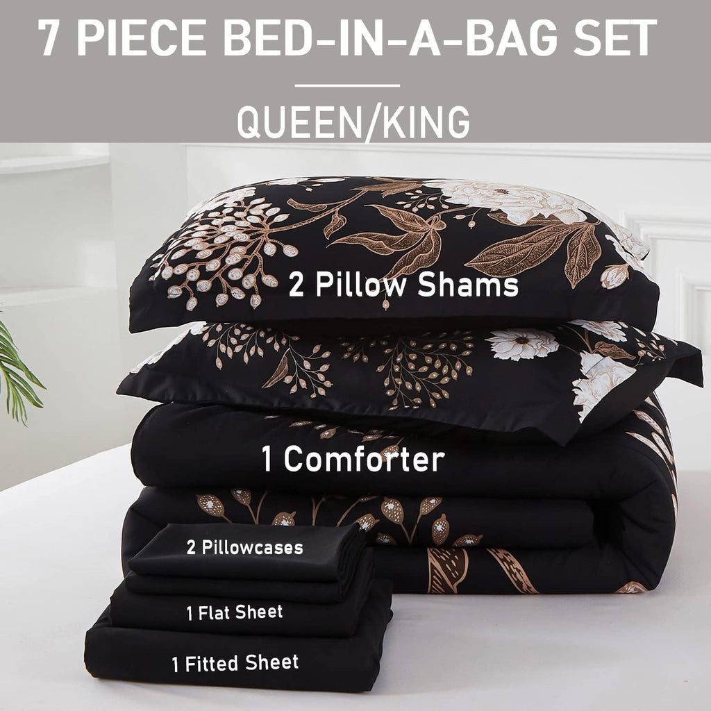 7 Piece Bed in a Bag Queen Comforter Set Botanical Floral Bedding Set,White Flowers Leaves Printed on Black