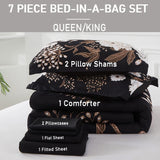 7 Piece Bed in a Bag Queen Comforter Set Botanical Floral Bedding Set,White Flowers Leaves Printed on Black