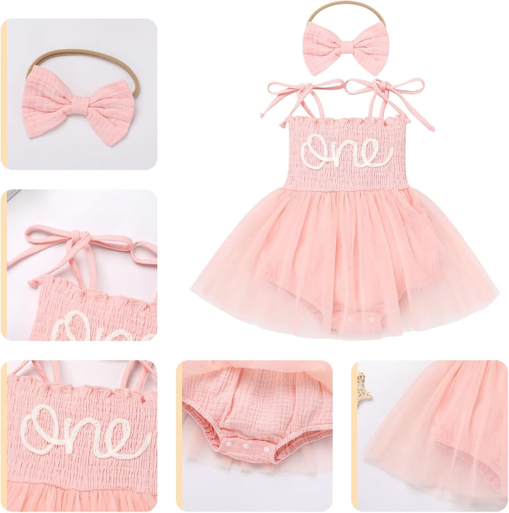 Baby 1st Birthday Girl Outfit Cotton ONE Printed Sleeveless Tutu Jumpsuit Romper Dress Headband 2pcs Summer Clothes