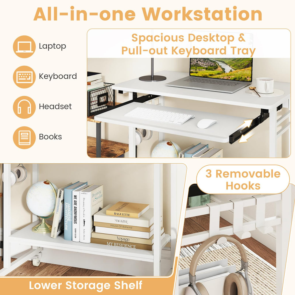 Rolling Computer Desk, Mobile Portable Desk with Keyboard Tray & Wheels, Laptop PC Table Cart with Shelf & Hooks