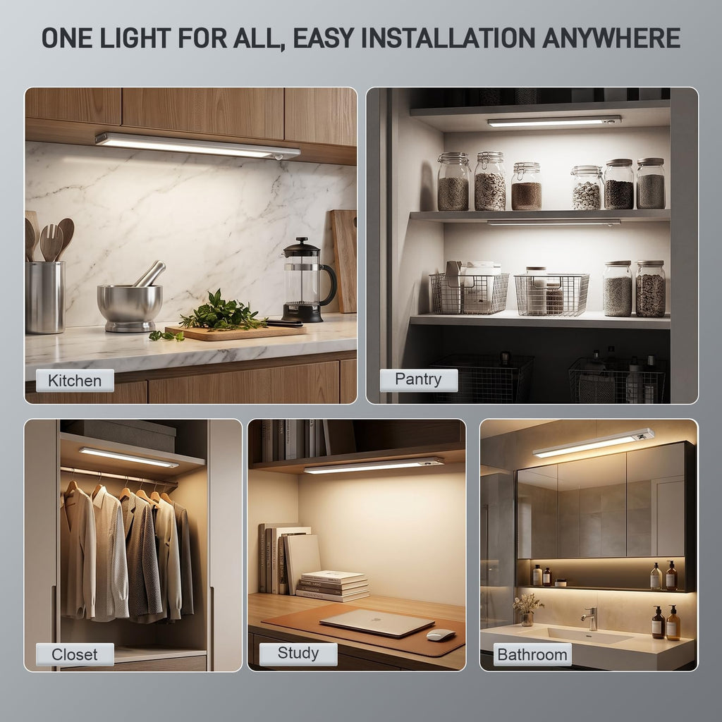 6Pack Aluminum Under Cabinet Lighting, 10inch Rechargeable Ultra-Thin Magnetic Motion Sensor Closet Lights, 3 Colors