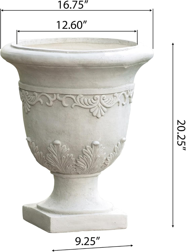 Antique White Urn Planter, Tall Outdoor Flower Pot for Garden and Patio, Classic Pedestal Design, Durable Magnesium